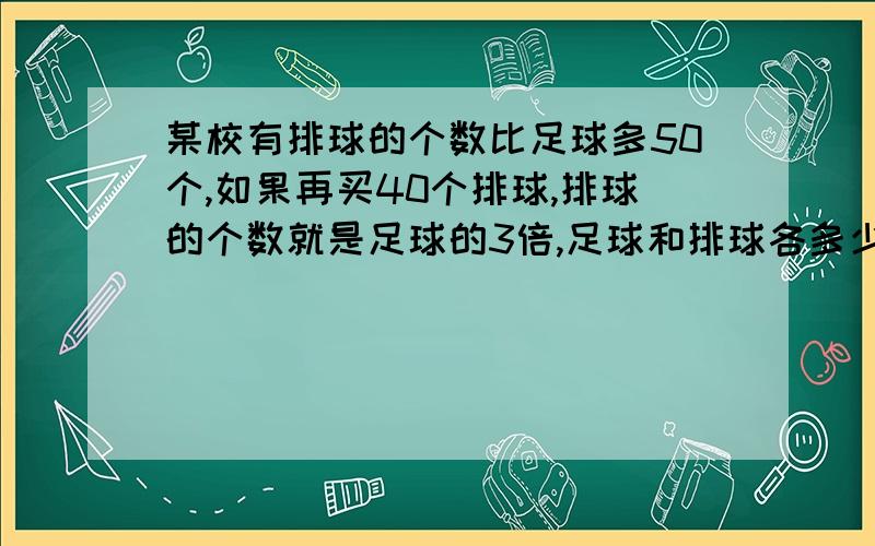 某校有排球的个数比足球多50个,如果再买40个排球,排球的个数就是足球的3倍,足球和排球各多少个?