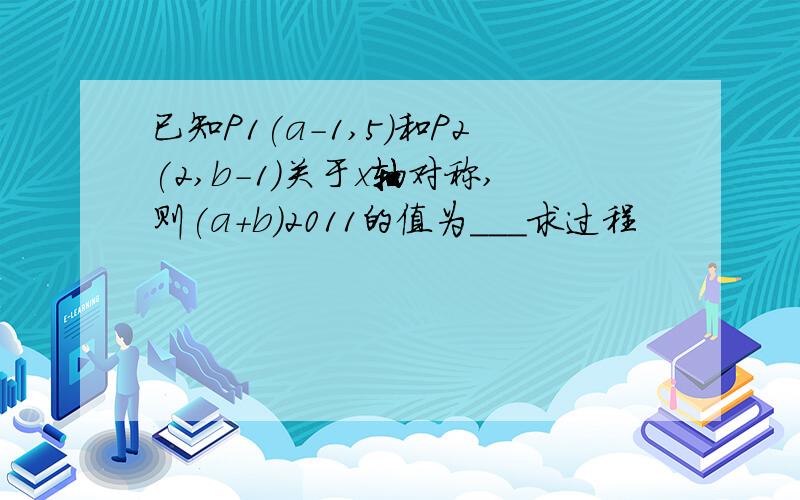 已知P1(a-1,5)和P2(2,b-1)关于x轴对称,则(a+b)2011的值为___求过程