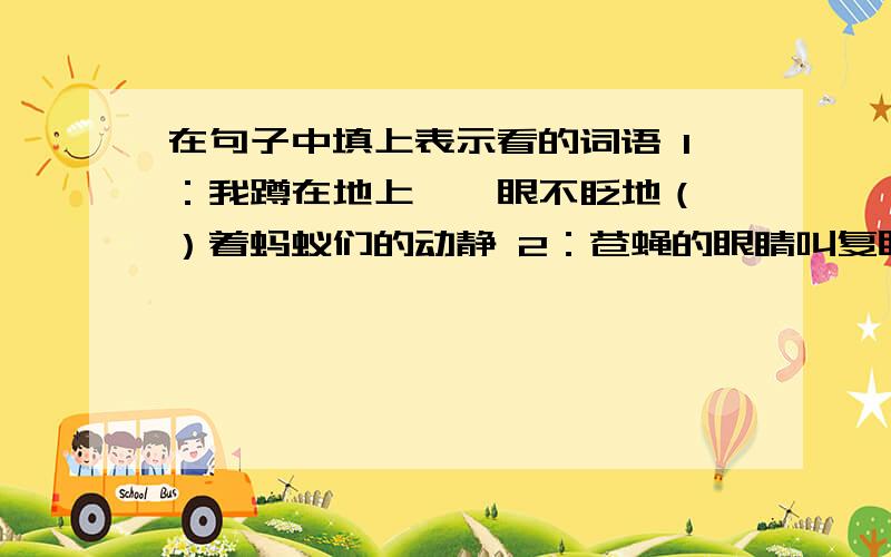 在句子中填上表示看的词语 1：我蹲在地上,一眼不眨地（ ）着蚂蚁们的动静 2：苍蝇的眼睛叫复眼,能（ )