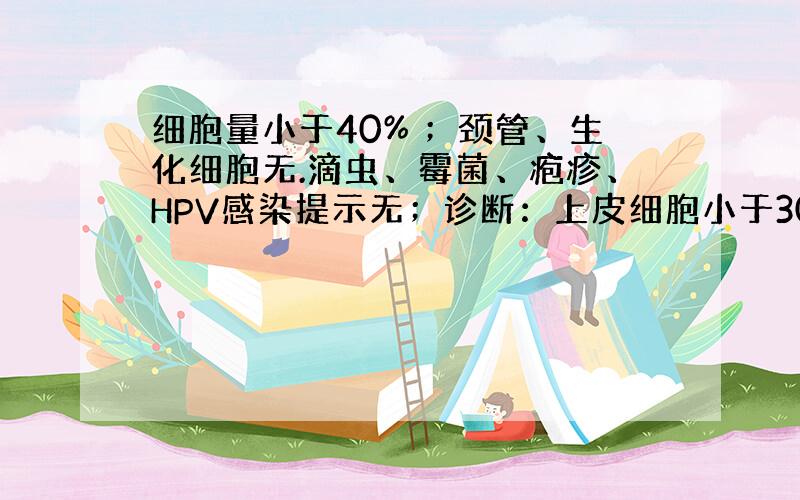 细胞量小于40% ；颈管、生化细胞无.滴虫、霉菌、疱疹、HPV感染提示无；诊断：上皮细胞小于30个.