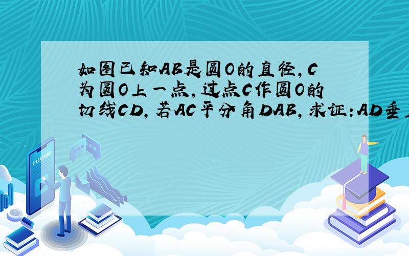 如图已知AB是圆O的直径,C为圆O上一点,过点C作圆O的切线CD,若AC平分角DAB,求证:AD垂直DC