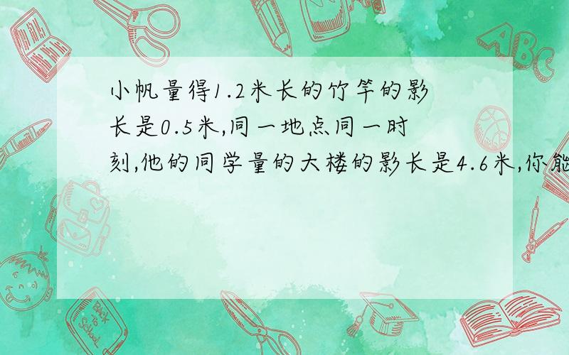 小帆量得1.2米长的竹竿的影长是0.5米,同一地点同一时刻,他的同学量的大楼的影长是4.6米,你能算出大楼的实际高度吗?