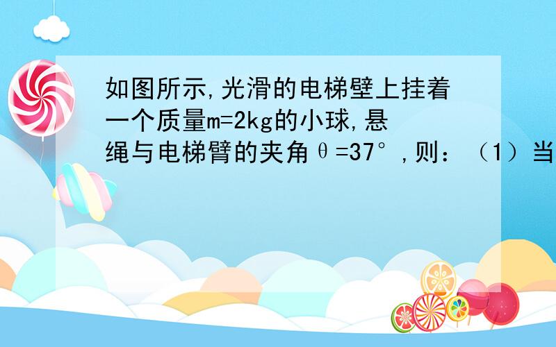 如图所示,光滑的电梯壁上挂着一个质量m=2kg的小球,悬绳与电梯臂的夹角θ=37°,则：（1）当电梯以加速