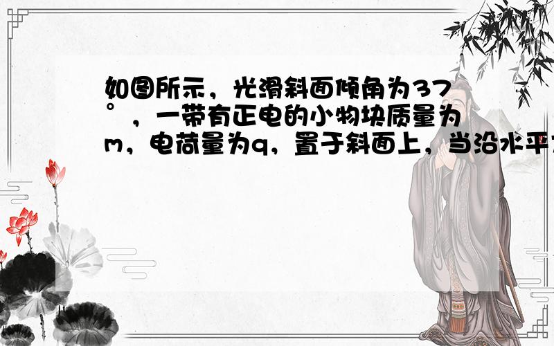 如图所示，光滑斜面倾角为37°，一带有正电的小物块质量为m，电荷量为q，置于斜面上，当沿水平方向加有如图所示的匀强电场时