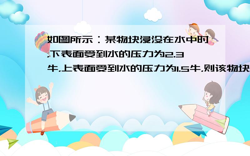 如图所示：某物块浸没在水中时，下表面受到水的压力为2.3牛，上表面受到水的压力为1.5牛，则该物块受到水的浮力为____