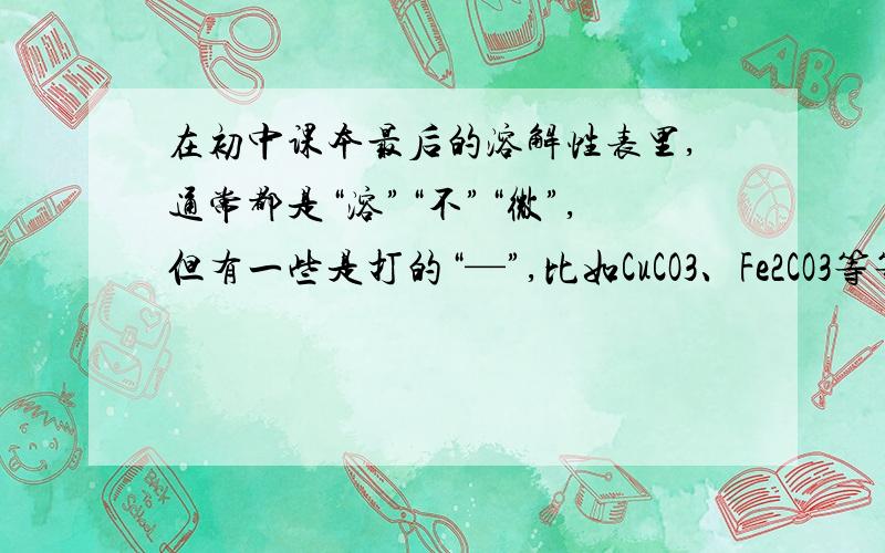 在初中课本最后的溶解性表里,通常都是“溶”“不”“微”,但有一些是打的“—”,比如CuCO3、Fe2CO3等等 我知道C