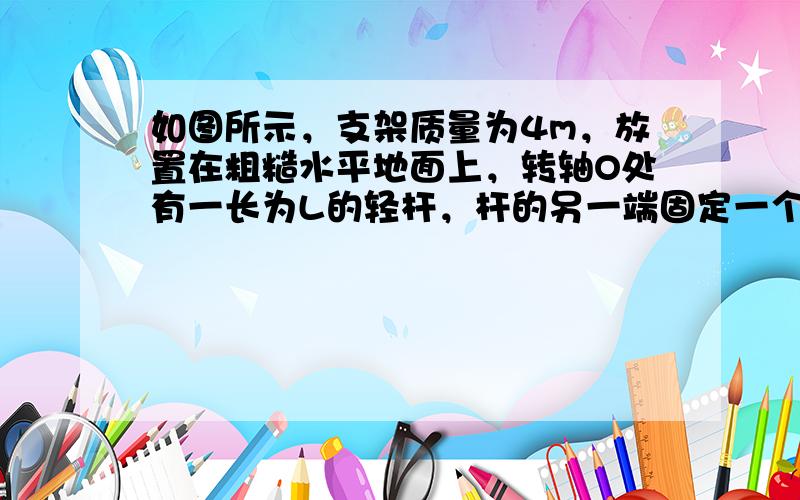 如图所示，支架质量为4m，放置在粗糙水平地面上，转轴O处有一长为L的轻杆，杆的另一端固定一个质量为m的小球．现使小球在竖