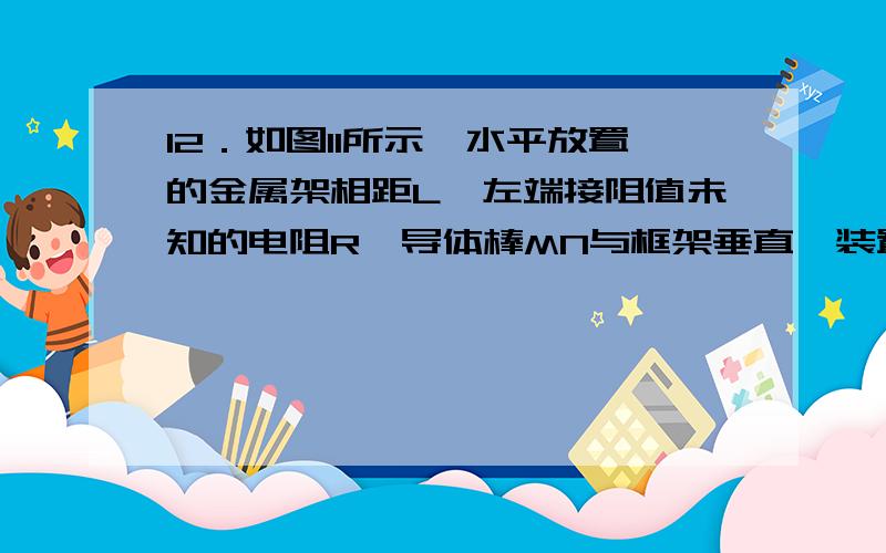 12．如图11所示,水平放置的金属架相距L,左端接阻值未知的电阻R,导体棒MN与框架垂直,装置置于均匀增大的匀强磁场中,