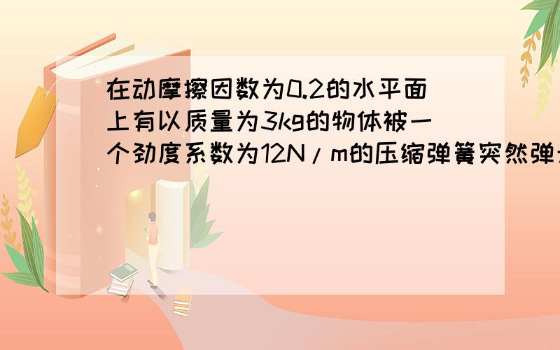 在动摩擦因数为0.2的水平面上有以质量为3kg的物体被一个劲度系数为12N/m的压缩弹簧突然弹开,