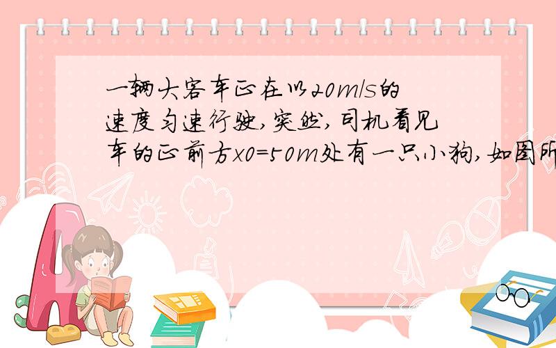 一辆大客车正在以20m/s的速度匀速行驶,突然,司机看见车的正前方x0=50m处有一只小狗,如图所示,司机立即采取制动措