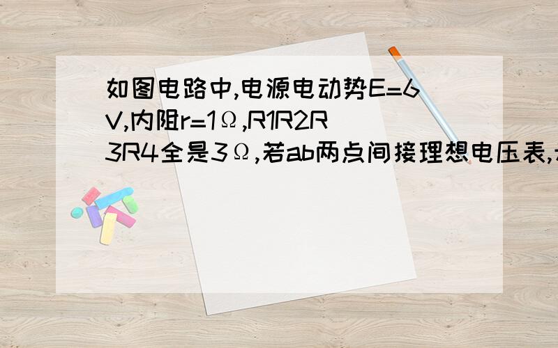 如图电路中,电源电动势E=6V,内阻r=1Ω,R1R2R3R4全是3Ω,若ab两点间接理想电压表,示数多少?若电流表呢