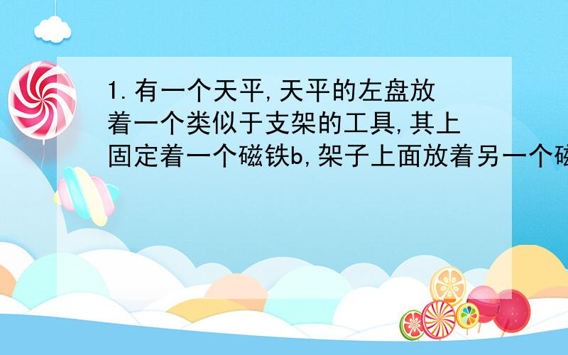 1.有一个天平,天平的左盘放着一个类似于支架的工具,其上固定着一个磁铁b,架子上面放着另一个磁铁a,右盘放有勾码,这时天