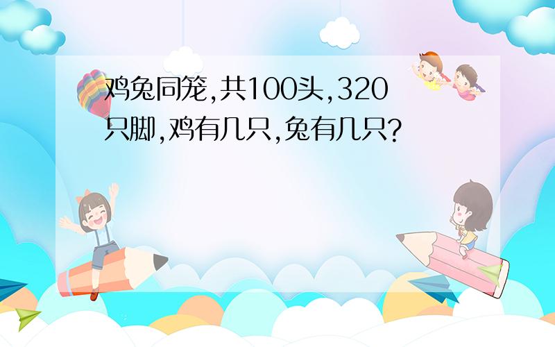 鸡兔同笼,共100头,320只脚,鸡有几只,兔有几只?