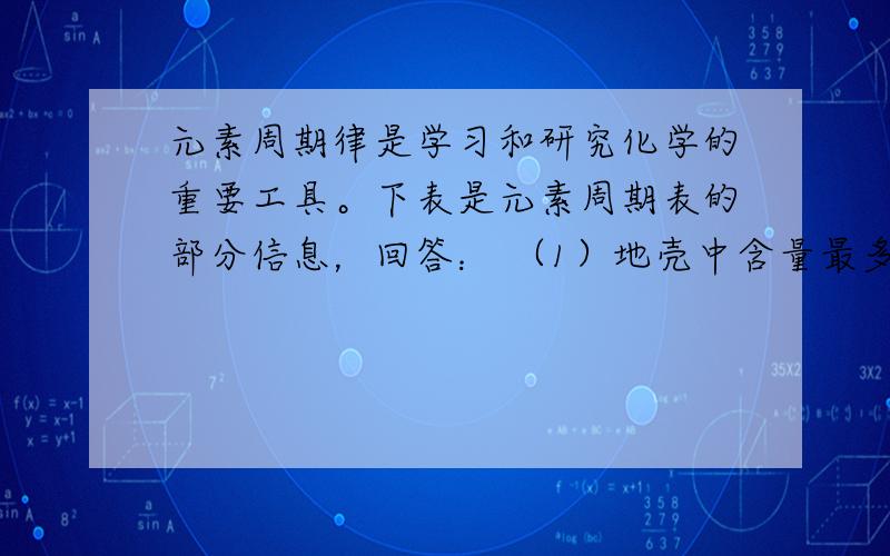 元素周期律是学习和研究化学的重要工具。下表是元素周期表的部分信息，回答： （1）地壳中含量最多的金属元素的符号是 &nb