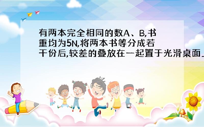 有两本完全相同的数A、B,书重均为5N,将两本书等分成若干份后,较差的叠放在一起置于光滑桌面上,并将书A固定不动,用水平