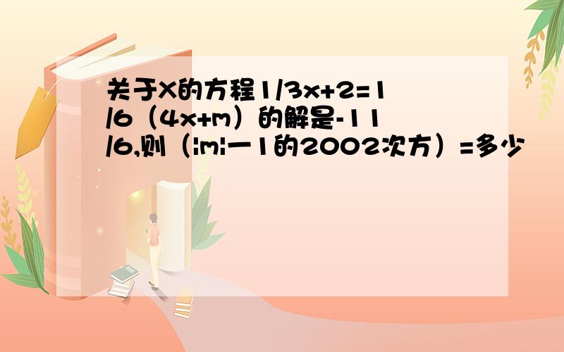 关于X的方程1/3x+2=1/6（4x+m）的解是-11/6,则（|m|一1的2002次方）=多少