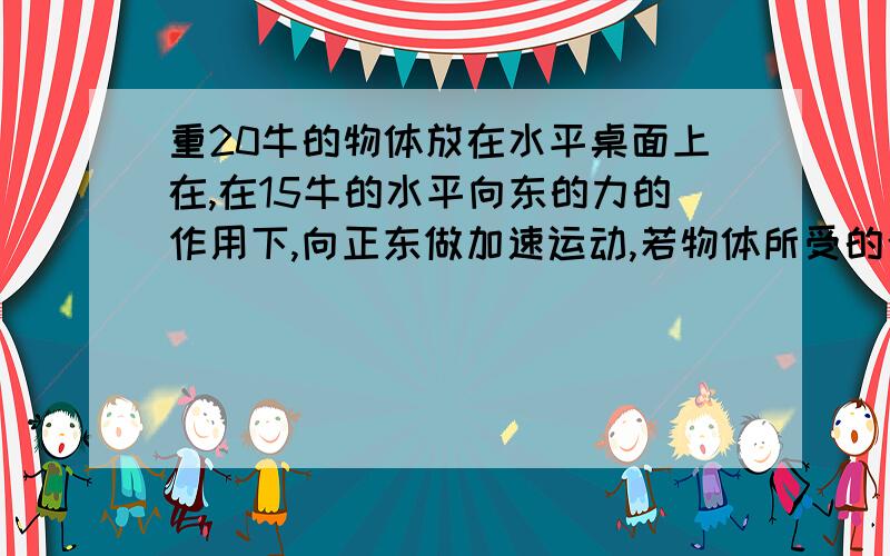 重20牛的物体放在水平桌面上在,在15牛的水平向东的力的作用下,向正东做加速运动,若物体所受的合力为14牛,则它受到的平