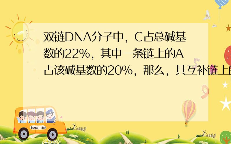 双链DNA分子中，C占总碱基数的22%，其中一条链上的A占该碱基数的20%，那么，其互补链上的A占该碱基数的（　　）