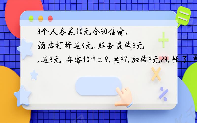 3个人各花10元合30住宿,酒店打折退5元.服务员藏2元,退3元.每客10-1=9,共27,加藏2元29,怪了,那一元呢