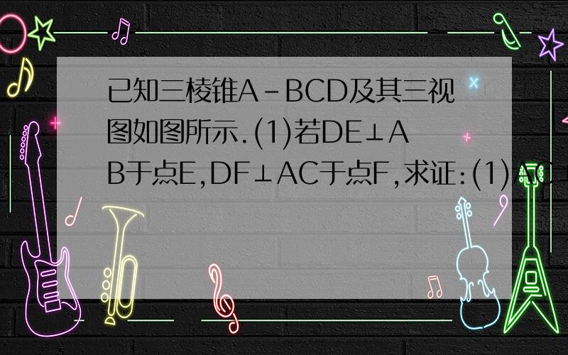 已知三棱锥A-BCD及其三视图如图所示.(1)若DE⊥AB于点E,DF⊥AC于点F,求证:(1)AC⊥平面DEF