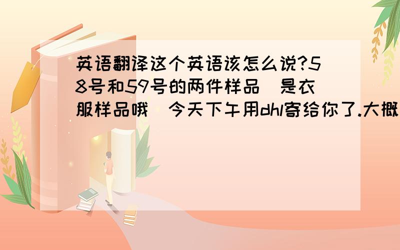 英语翻译这个英语该怎么说?58号和59号的两件样品（是衣服样品哦）今天下午用dhl寄给你了.大概下周二可到达您那.是上述