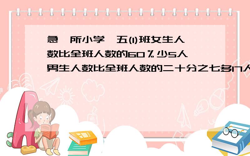 急一所小学,五(1)班女生人数比全班人数的60％少5人,男生人数比全班人数的二十分之七多17人