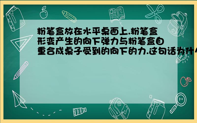 粉笔盒放在水平桌面上.粉笔盒形变产生的向下弹力与粉笔盒自重合成桌子受到的向下的力.这句话为什么错了?