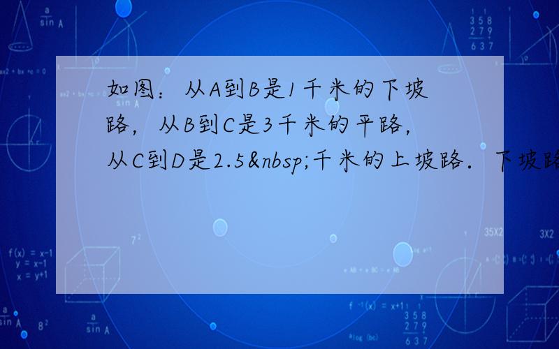 如图：从A到B是1千米的下坡路，从B到C是3千米的平路，从C到D是2.5 千米的上坡路．下坡路速度都是每小时6