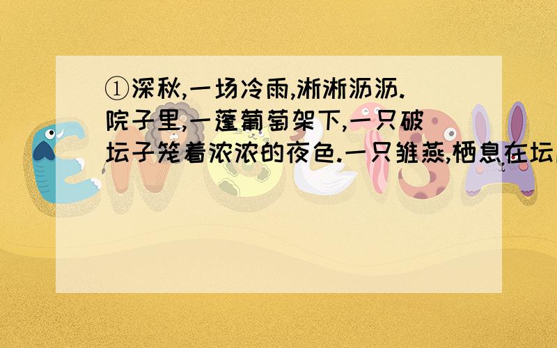 ①深秋,一场冷雨,淅淅沥沥.院子里,一蓬葡萄架下,一只破坛子笼着浓浓的夜色.一只雏燕,栖息在坛底,又是寒冷又是伤心,缩成