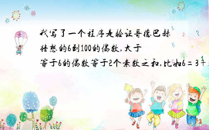 我写了一个程序是验证哥德巴赫猜想的6到100的偶数,大于等于6的偶数等于2个素数之和,比如6=3+3,