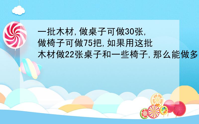 一批木材,做桌子可做30张,做椅子可做75把,如果用这批木材做22张桌子和一些椅子,那么能做多少