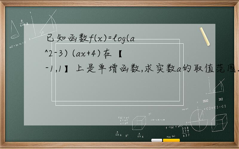 已知函数f(x)=log(a^2-3) (ax+4)在【-1,1】上是单增函数,求实数a的取值范围.