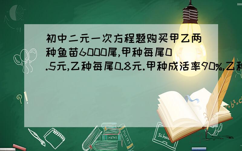 初中二元一次方程题购买甲乙两种鱼苗6000尾,甲种每尾0.5元,乙种每尾0.8元.甲种成活率90%,乙种95%.,若要使