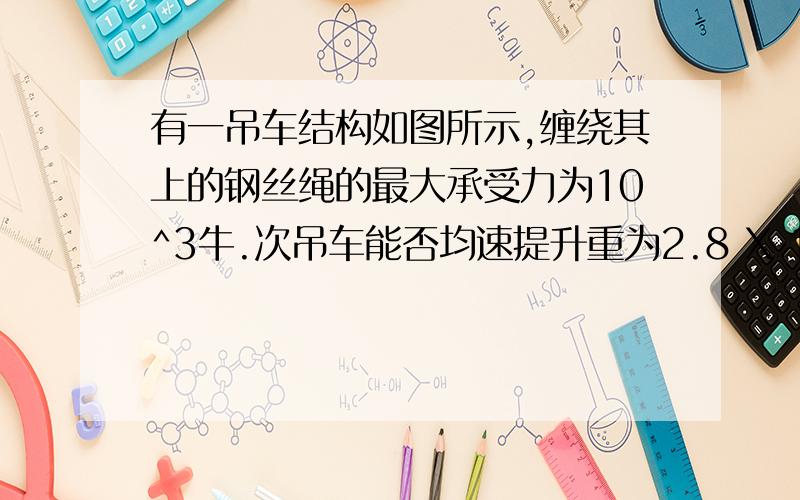 有一吊车结构如图所示,缠绕其上的钢丝绳的最大承受力为10^3牛.次吊车能否均速提升重为2.8 X 10^3 牛的小