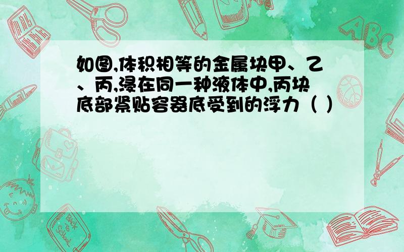 如图,体积相等的金属块甲、乙、丙,浸在同一种液体中,丙块底部紧贴容器底受到的浮力（ ）