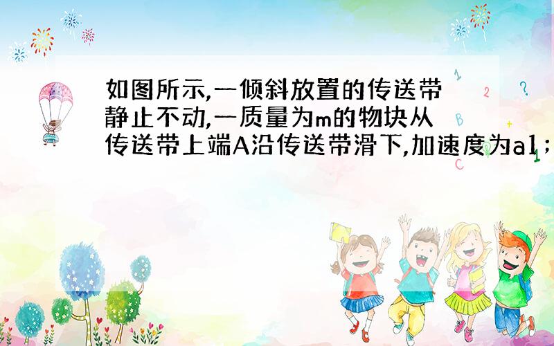 如图所示,一倾斜放置的传送带静止不动,一质量为m的物块从传送带上端A沿传送带滑下,加速度为a1；若让传送带沿顺时针转动,