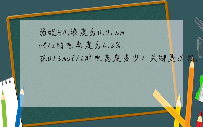 弱酸HA,浓度为0.015mol/L时电离度为0.8%,在015mol/L时电离度多少/ 关键是过程,