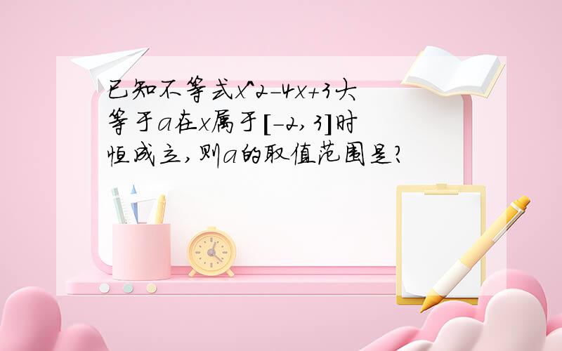 已知不等式x^2-4x+3大等于a在x属于[-2,3]时恒成立,则a的取值范围是?