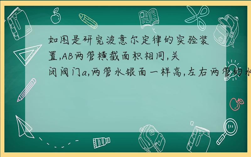 如图是研究波意尔定律的实验装置,AB两管横截面积相同,关闭阀门a,两管水银面一样高,左右两管的水银面分别在管壁的A和B点