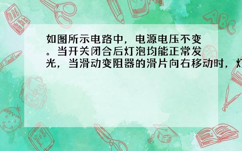 如图所示电路中，电源电压不变。当开关闭合后灯泡均能正常发光，当滑动变阻器的滑片向右移动时，灯泡甲，丙的变化情况是【 】