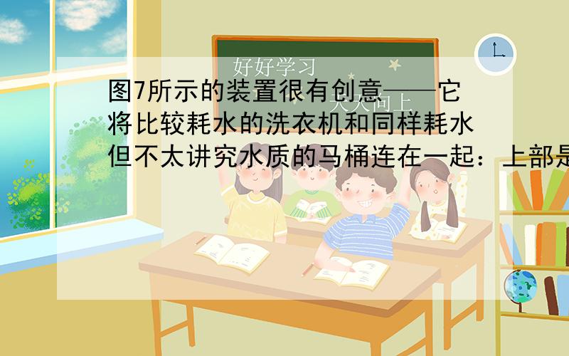 图7所示的装置很有创意——它将比较耗水的洗衣机和同样耗水但不太讲究水质的马桶连在一起：上部是洗衣机（有关技术参数见铭牌）