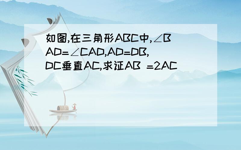 如图,在三角形ABC中,∠BAD=∠CAD,AD=DB,DC垂直AC,求证AB =2AC