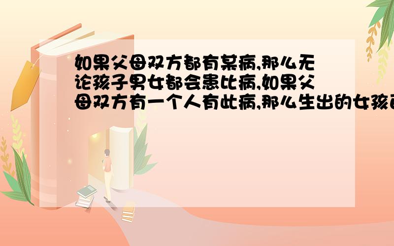 如果父母双方都有某病,那么无论孩子男女都会患比病,如果父母双方有一个人有此病,那么生出的女孩百分百患病,男孩百分之五十患