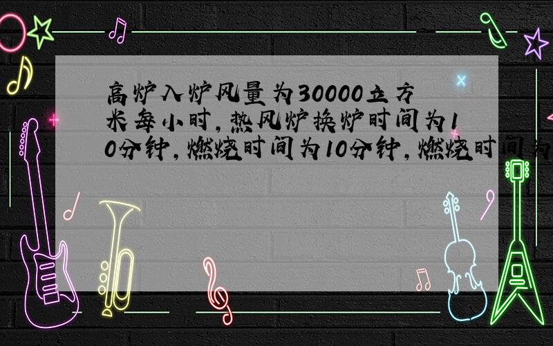 高炉入炉风量为30000立方米每小时,热风炉换炉时间为10分钟,燃烧时间为10分钟,燃烧时间为3.6小时.煤气