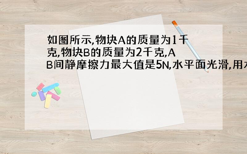 如图所示,物块A的质量为1千克,物块B的质量为2千克,AB间静摩擦力最大值是5N,水平面光滑,用水平力F拉B,