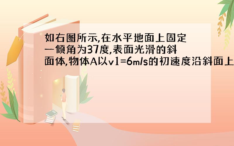 如右图所示,在水平地面上固定一倾角为37度,表面光滑的斜面体,物体A以v1=6m/s的初速度沿斜面上滑,同时