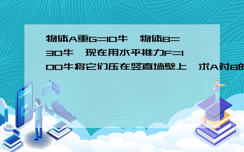 物体A重G=10牛,物体B=30牛,现在用水平推力F=100牛将它们压在竖直墙壁上,求A对B的摩擦力和B对墙壁的摩擦力