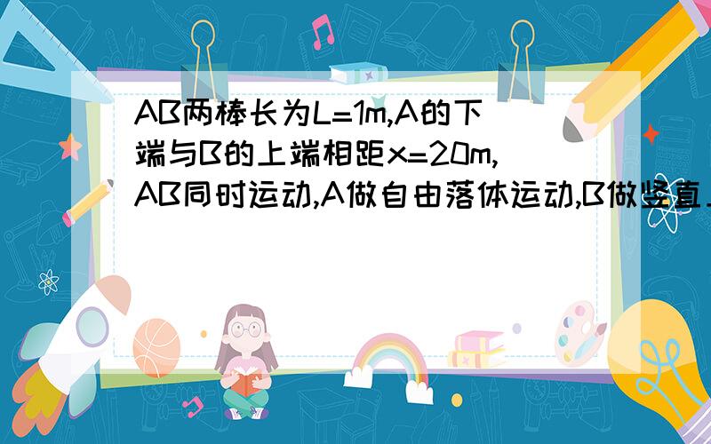 AB两棒长为L=1m,A的下端与B的上端相距x=20m,AB同时运动,A做自由落体运动,B做竖直上抛运动.初速度为40米