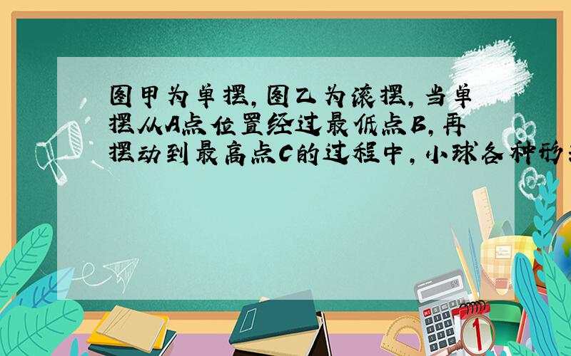 图甲为单摆,图乙为滚摆,当单摆从A点位置经过最低点B,再摆动到最高点C的过程中,小球各种形式的机械能的转