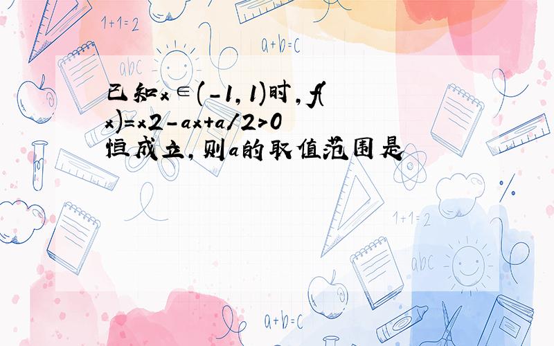 已知x∈(-1,1)时,f(x)=x2-ax+a/2>0恒成立,则a的取值范围是